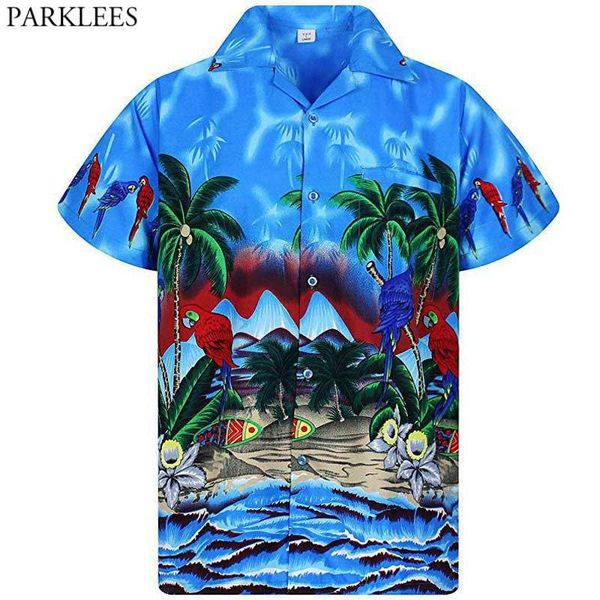 

palm tree bird printed hawaiian beach shirt men 2021 new fashion short sleeve tropical aloha shirts mens beach wear chemise 2xl, White;black