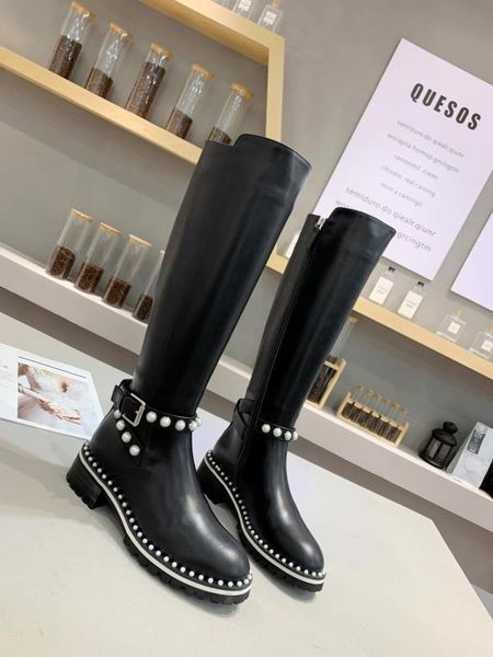 

full genuine leather boots women knee boots fashion ladies boots vintage pearl pattern women shoes, Black