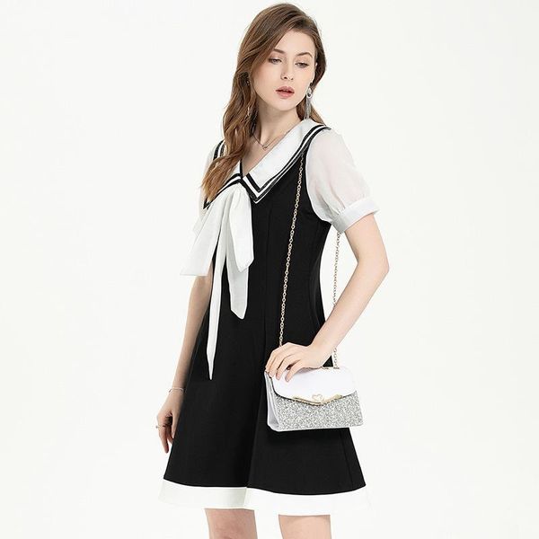 

party dresses summer sweet women sailor collar short sleeve bow lace-up runway designer dress elegant schoolgirl vestidos1, White;black