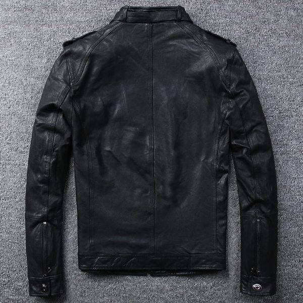 

genuine men leather casual real sheepskin coat motorcycle jacket man bomber chaqueta cuero hombre 2917 kj1229, Black