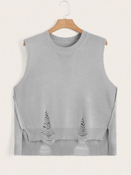 

plus high low hem distressed sweater vest d2xj#, Black