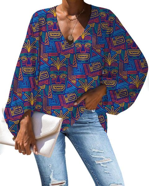 

tropical pattern background with tribal-masks large size women chiffon blouse 2020 casual loose long sleeve v-neck shirts, White