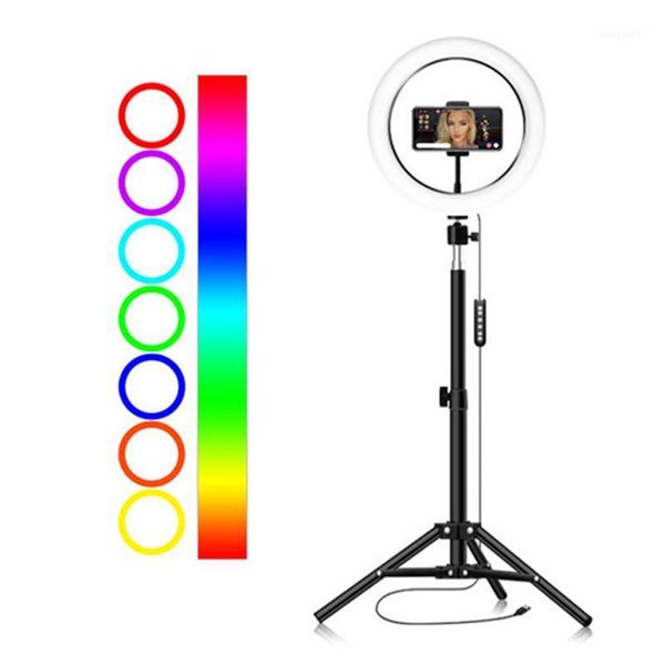 

flash heads 10inch/26cm rgb ring light led fill-in dimmable 3500k-6500k usb powered with ballhead adapter phone holder desktripod1