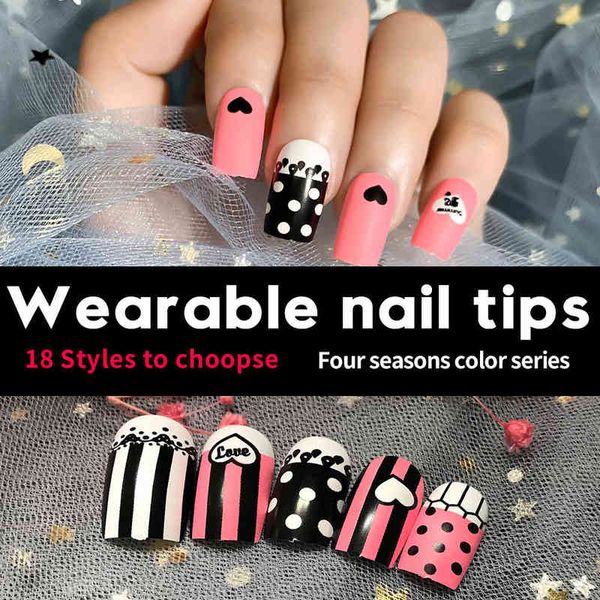 

false nails 24pcs box practice hand for nails press on cute stiletto ribbon patterned patches man-made acrylic kawaii stickers reuse 220225, Red;gold