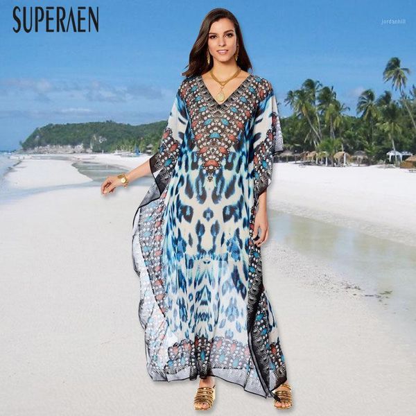 

superaen europe long dress women summer 2020 new wild casual leopard chiffon dress female beach sunscreen women clothing1, Black;gray