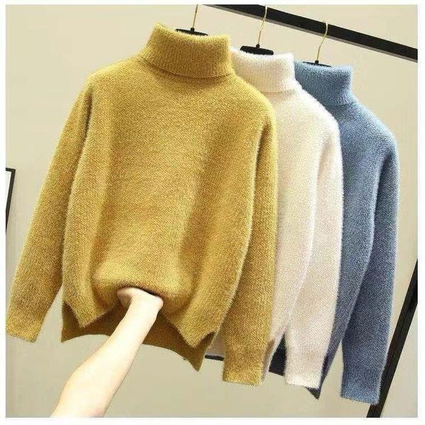 

sweater women winter fluffy jumper vintage thick white mink fleece turtleneck sweater ladies loose casual knitted womam pullover, White;black