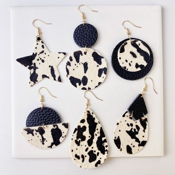 

genuine cowhide leather earrings cow grain circle water-drop vintage earring patchwork star double layer cow print ear pendant, Silver
