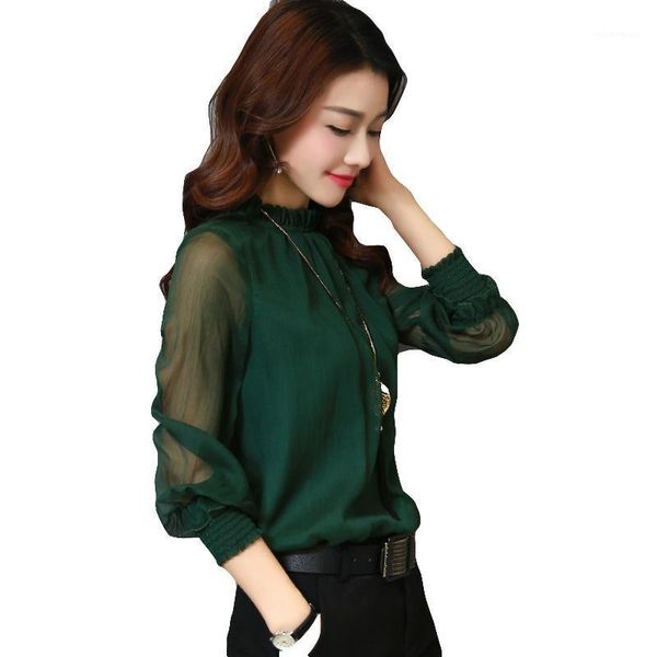 

women spring summer style chiffon blouses shirts lady casual long sleeve o-neck chiffon blusas df28881, White