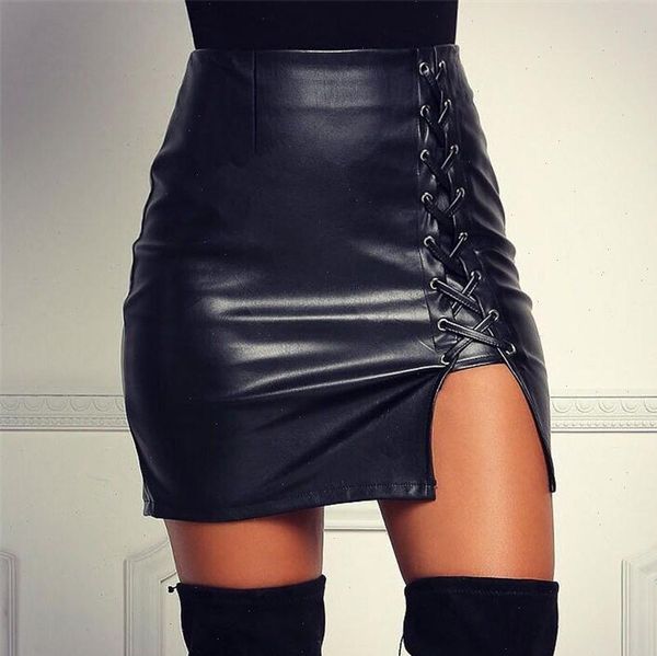 

women pu leather mini skirt office lady solid split skirts high waist casual party bodycon skirt plus size, Black