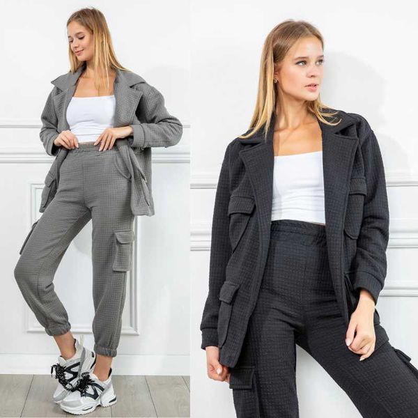 

women's tracksuits 2021 women autumn 2 piece set blazer jacket + high waist sweatpants comfortable office wear suits female sets casual, Gray