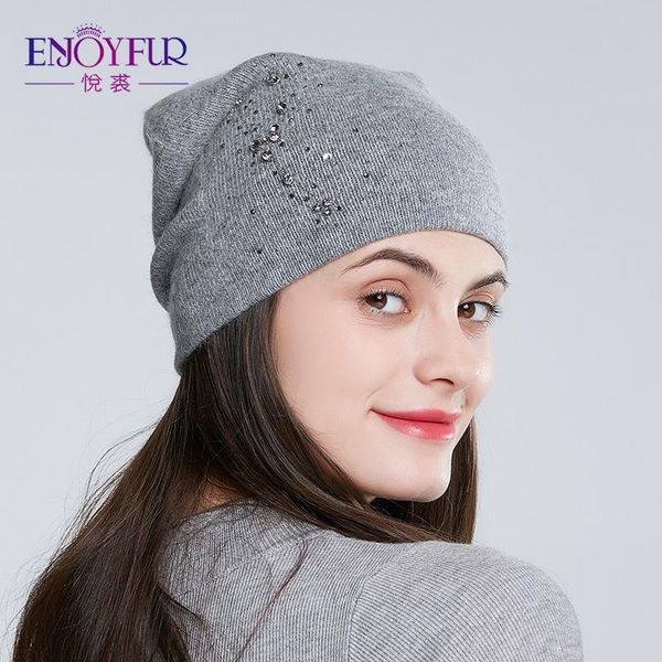 

beanie/skull caps enjoyfur women winter hats knitted angora hat fashion arrival rhinestones beanies for lady, Blue;gray