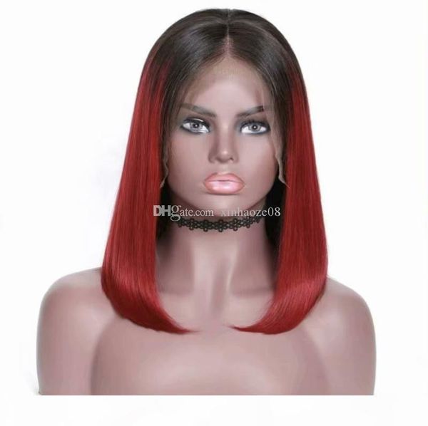 

red ombre full lace wigs short human indian hair straight bob wig for black women pre plucked hairline colored lace front wig, Black;brown