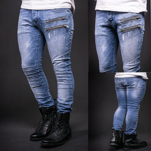 

leggings zipper pleated stretch jeans men's pants, Blue