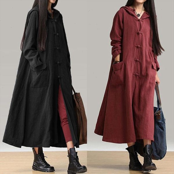 

2021 autumn vintage long sleeve cotton linen coat kaftan women casual hooded button loose solid shirt long jacket vestido, Black;brown