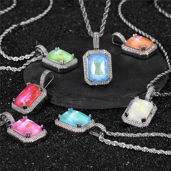 

men women necklace jewelry white gold plated bling mocha fluorescent cz square gem pendant necklace with 24inch rope chain, Silver