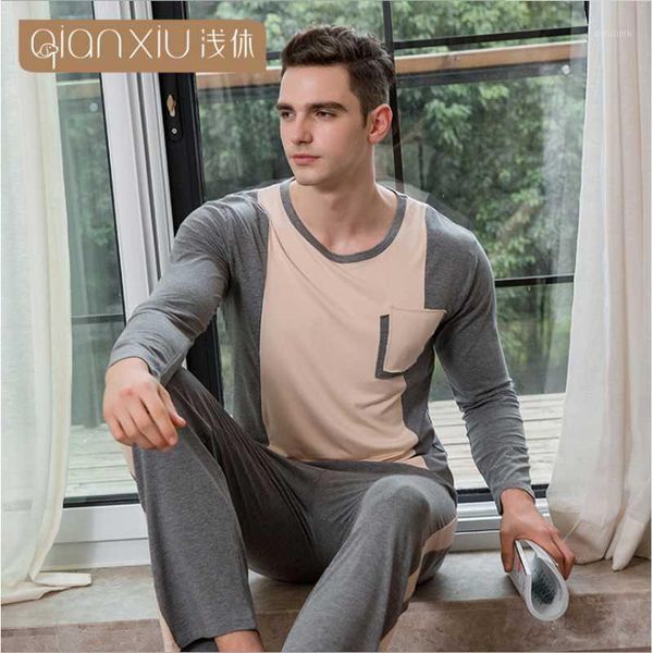 

2020 spring homewear couples casual patchwork pajama sets male modal cotton sleepwear suit men round collar t shirt & pants1, Black;brown
