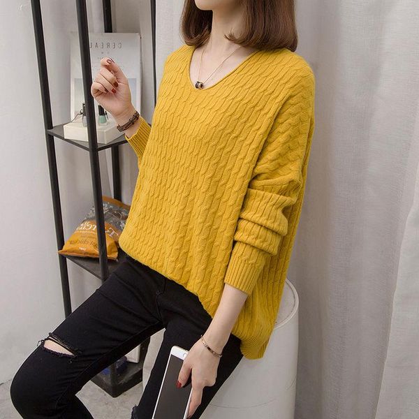 

women's sweaters autumn winter women fashion v neck solid color knitter pullover loose long sleeve korean basic female jumper yellow, White;black