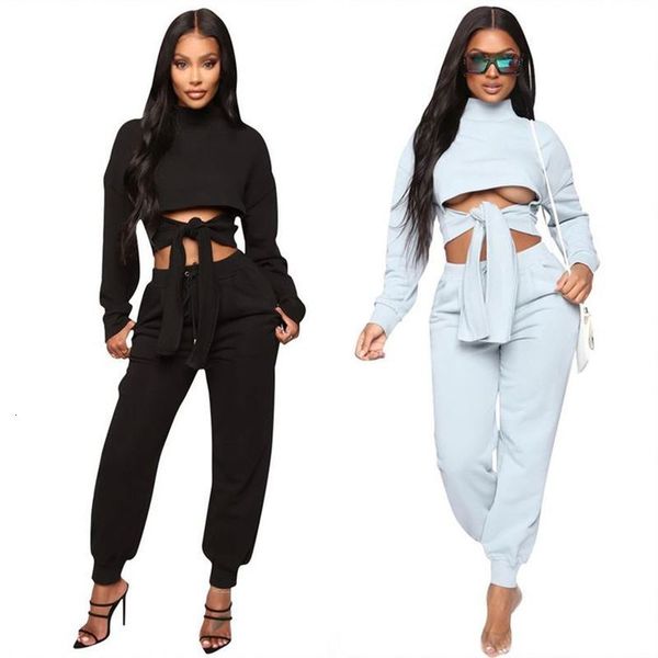 

2 piece sets womens outfits matching sets crop front tie solid long sleeve casual women two piece set clothing, White