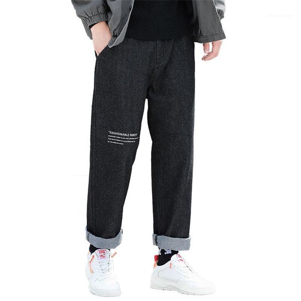 

2019 autumn and winter new men's letter printed jeans drape straight pants1, Blue