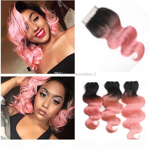 

brazilian virgin human pink hair with lace closure two tone black to pink body wave virgin hair 3bundles with lace closure fast ship, Black;brown