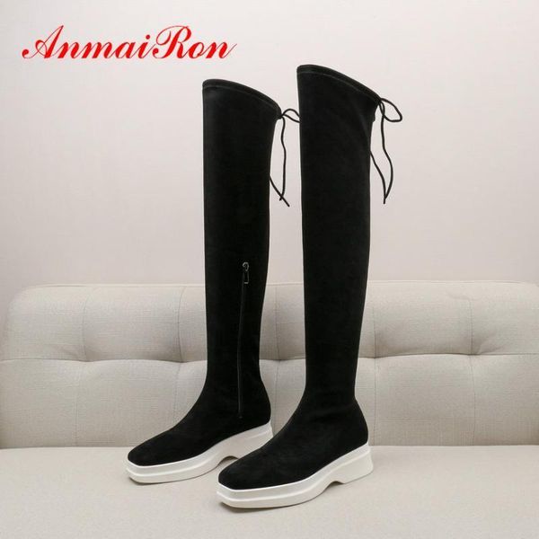 

boots anmairon 2021 korean style sneaker stretch fabric over the knee round toe sock slip-on med heel womens shoes1, Black