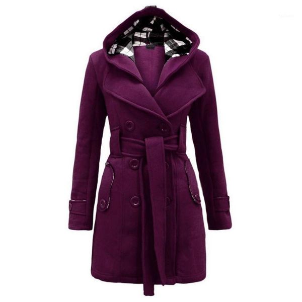 

autumn winter women long sleeves hooded belt double-breasted coat dense mid-long thick coat blue red black s-3xl1, Tan;black