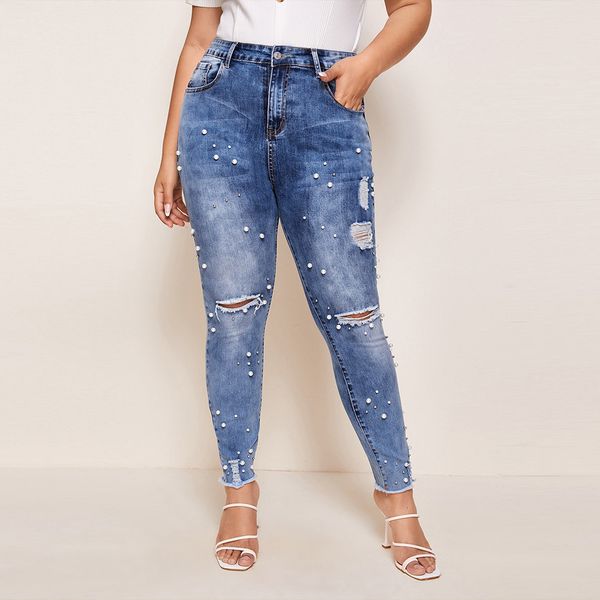 

2020 popular european and american will see new retro-washing woman frizzy elastic hole size big leggings jeans, Blue