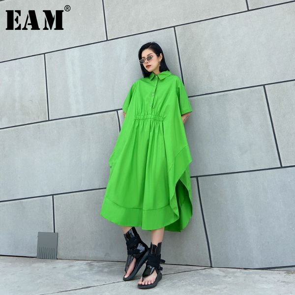 

[eam] women green asymmetrical big size long dress new lapel half sleeve loose fit fashion tide spring summer 2020 1u065 y200805, Black;pink