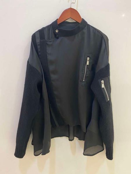 

niche fashionable personality stitching knitted sleeve slant flap irregular pocket dign sacai short shirt, White