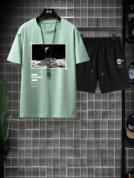 

romwe guys graphic tee & shorts k6zv#, Gray