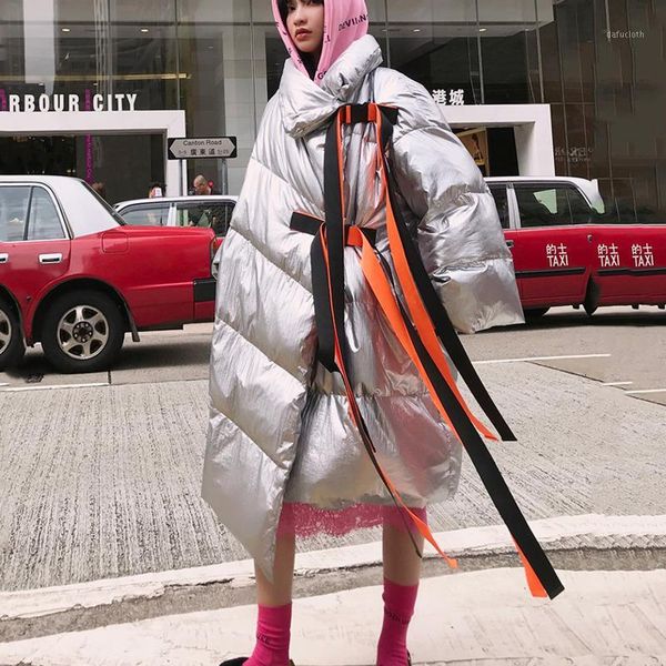 

fashion tide new autumn and winter turtleneck full sleeves asymmetrical green and slivers colors parka coats thickness ji223171, Black