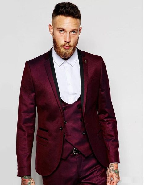 

new groomsmen notch lapel groom tuxedos burgundy jacket men suits wedding man blazer (jacket+pants+vest) custom1, White;black