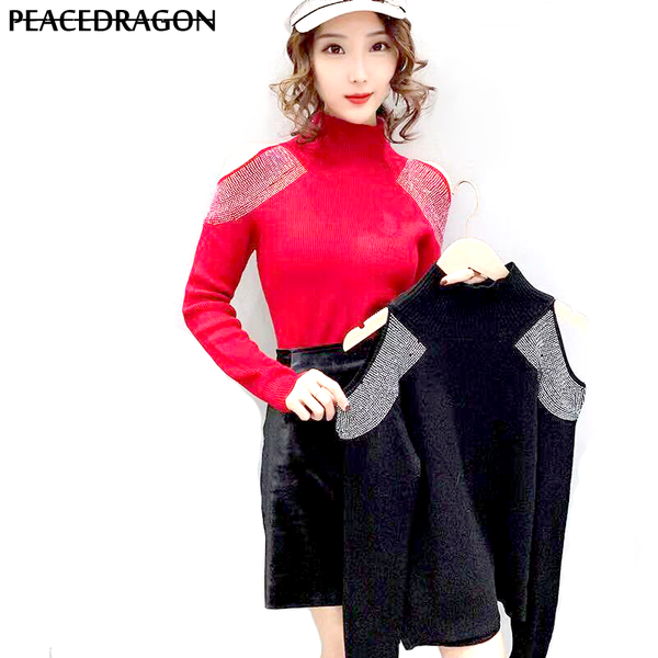 

autumn winter turtleneck sweater women cut off shoulder black basic sweaters lady slim jumper sueter mujer underwear pdg32, White;black