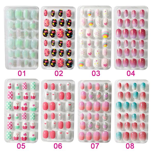 

24pcs/lot candy false nail tips press on children cartoon full cover kid glue self fake art for girls manicure t345, Red;gold