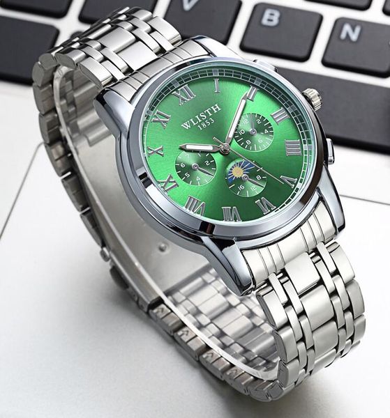 

wlisth mens classic green leatherr watches male business nightlight watch 2021 waterproof watch, Slivery;brown