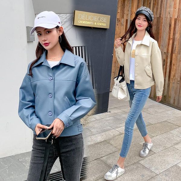 

2020 autumn winter korean fashion girl long sleeve biker streetwear khaki blue coat women motorcycle faux leather jacket lady1, Black