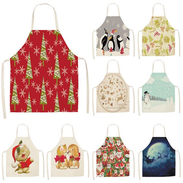 

1pc christmas apron santa claus pinafores cotton linen aprons 53*65cm woman bibs for home kitchen cooking baking