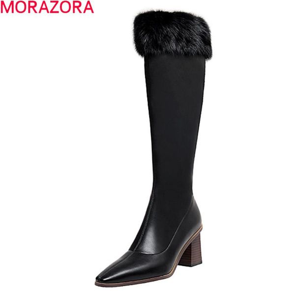 

boots morazora 2021 arrival winter keep warm knee high thick heels square toe black rice white women
