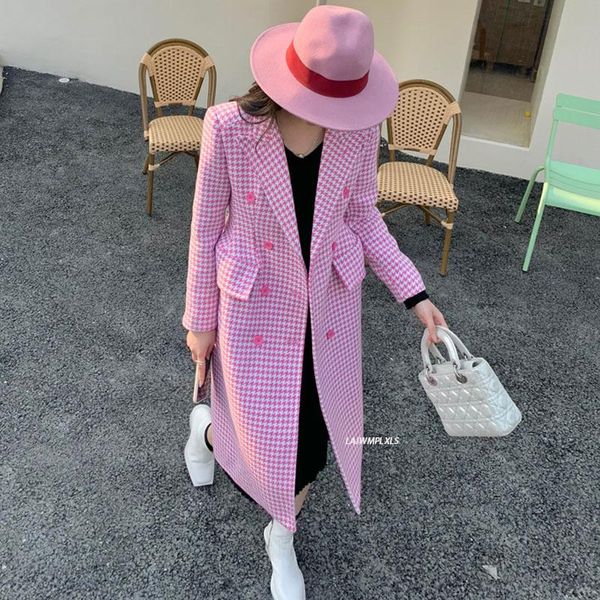 

women's wool & blends winter coat women 2021 double breasted houndstooth vintage long sleeve female outerwear overcoat, Black