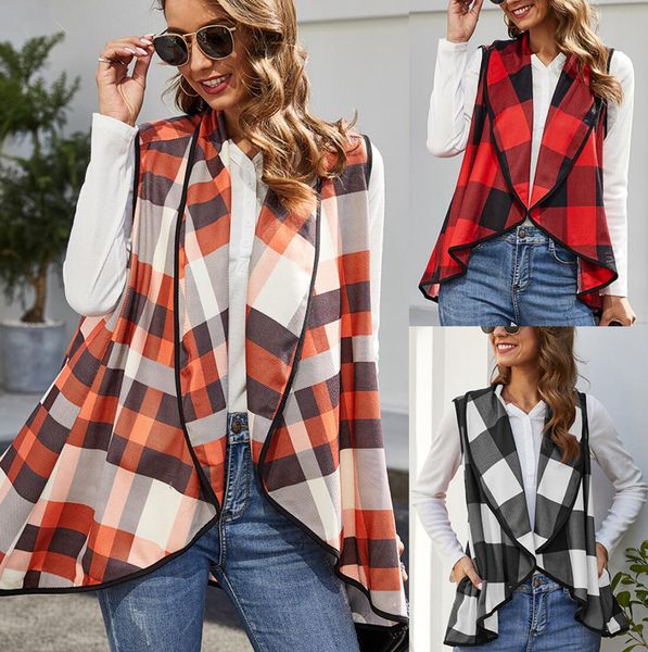

women plaid sleeveless vest turn down neck open front plaid cardigan ladies outdoor fashion long waistcoat ljjo7680, Black;white
