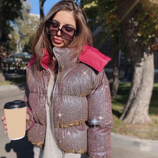 

autumn winter glitter reflective puffer jacket parka women warm hoodies bubble coat ladies casual overcoat streetwear, Black