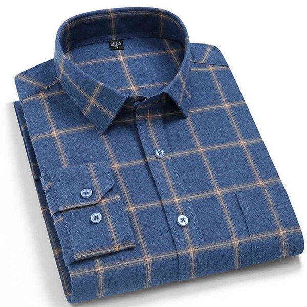 Camisa verificada clássica para homens de algodão puro tecido lixado manga longa camisas casuais Masculino com bolso frontal Outono inverno G0105