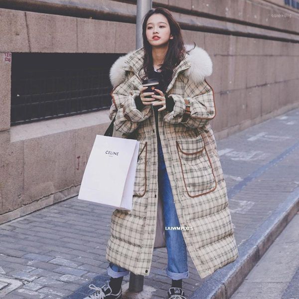 

2021 oversize plaid jacket women winter long women's coat with hooded warm parka women plus size harajuku down cotton jacket1, Black