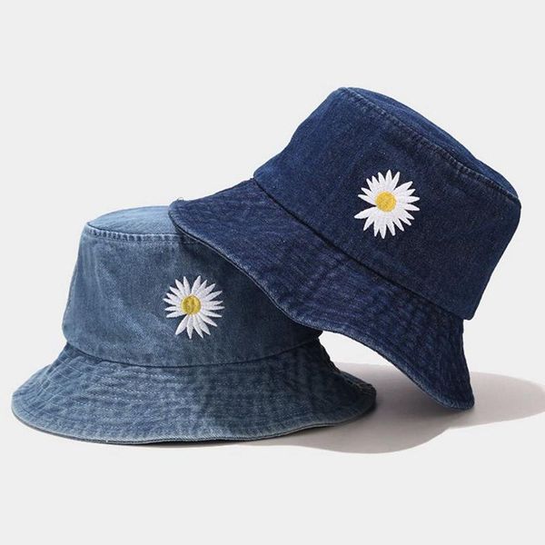 

ins korean daisy embroidery bucket hat women men panama summer sun hat fashion flower bob washed denim fisherman, Blue;gray