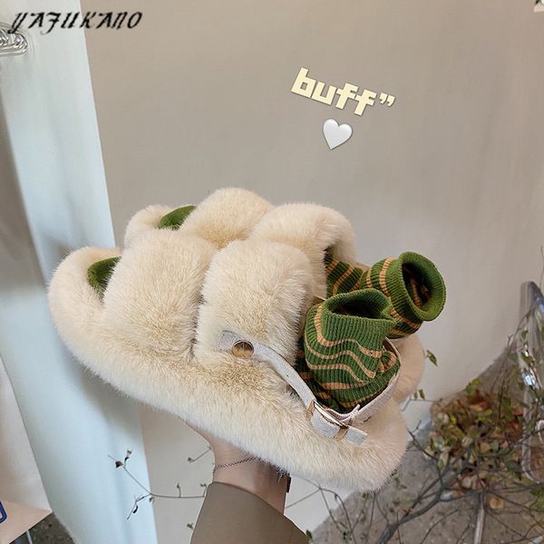 

fashion mink fur slippers hairy sandals slippers for women outdoor 2020 new autumn all-match korean cute fluffy chic furry shoes y1202, Black