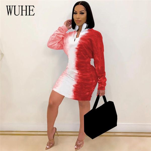 

wuhe gradient tie dye print skinny mini dress elegant stand collar long sleeve zipper up women nightclub wear dresses, Black;gray