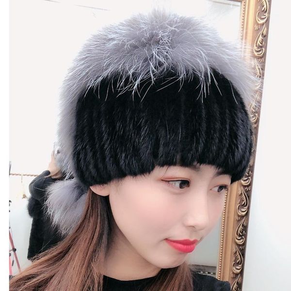

beanie/skull caps real mink hat with fur pompoms for women thicken female ladies winter knitted beanies1, Blue;gray