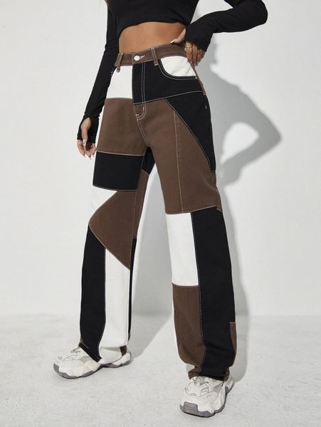 

high waist cut and sew jeans g1li#, Blue