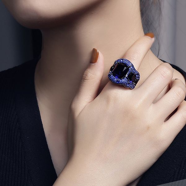 

ffgems 100% sterling 925 silver big rings blue sapphire aquamarine gemstone fine jewelry for women wedding party gift 2020 box q1219, Golden;silver