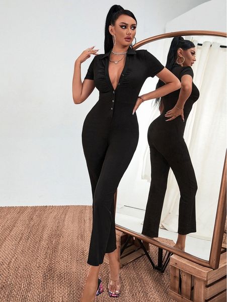 

sxy plunging button front slim fit jumpsuit 62wo#, White